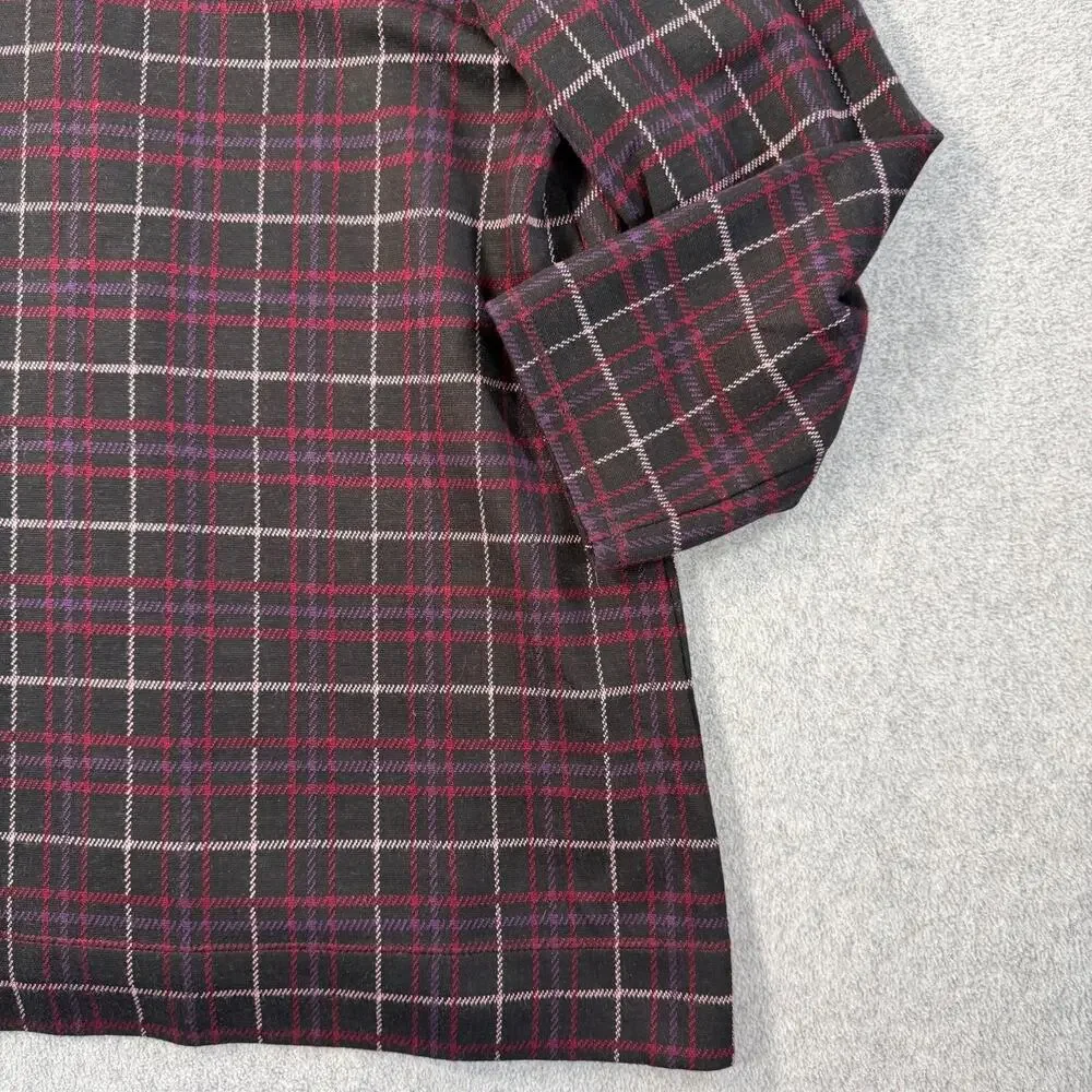 J.Jill Women’s Medium Plaid Ponte Shirt 3/4 Sleeve Button Pleat Black Red Purple